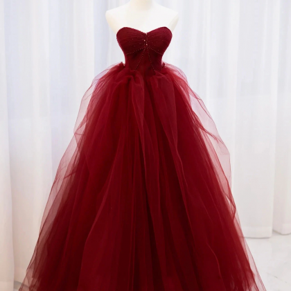 Prom Dresses,burgundy Off Shoulder Tulle Lace Long..