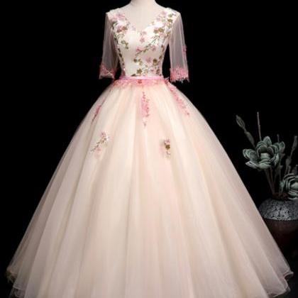 Prom Dresses,unique Pink Tulle V Neck Long Lace..