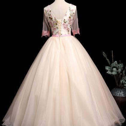 Prom Dresses,unique Pink Tulle V Neck Long Lace..