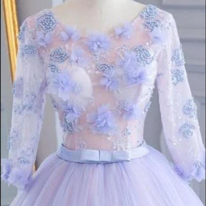 Prom Dresses,unique Lavender Tulle Mid Sleeve Long..