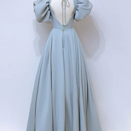 Cute Floral Printed Long Prom Dress A Line Puff Sleeves Blue Party Gown main image 1