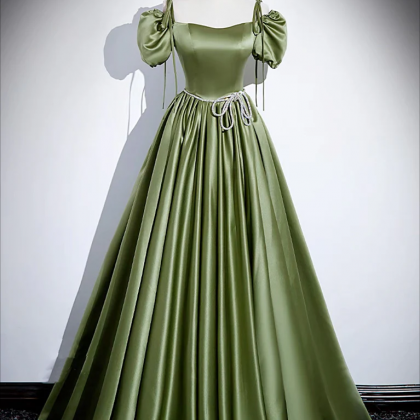 A-Line Green Satin Long Formal Prom Dress, Green Long Evening Dress