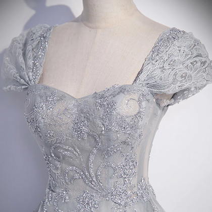 Gray Sweetheart Neck Tulle Lace Long Prom Dress, Gray Evening Dress