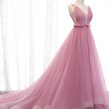 Popular Pink V-Neck A-Line Long Prom Dress Ideas, Evening Party Dresses,WGP1807
