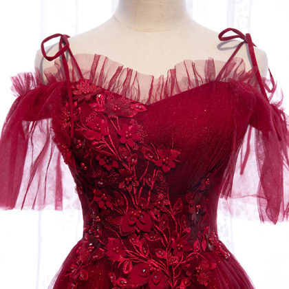 Burgundy sweetheart tulle prom dress, unique design retract your waist evening dress