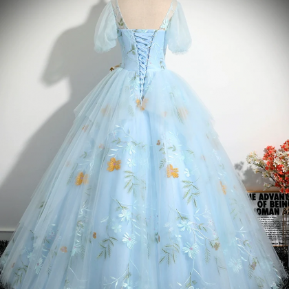 Glitter Blue Tulle Long Prom Dress A-line Evening Gown Y316