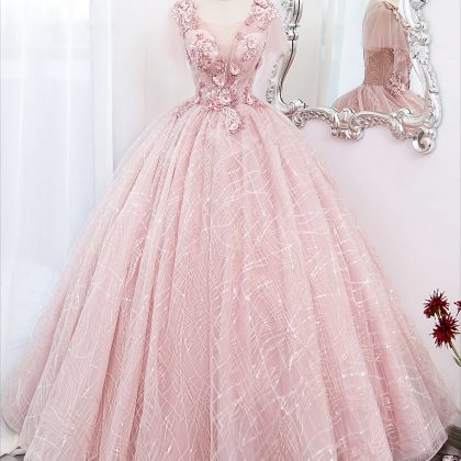 A Line Pink Yellow Two Piece Tulle Prom Dress with Appliques LBQ3065