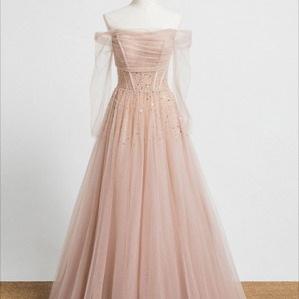 Champagne Tulle Sequins Long Formal Prom Dress, Cute 1/2 Sleeve Party Dress main image 1