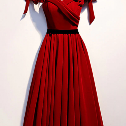 Simple Burgundy Prom Dress Square Neck Tea Length Graduation Dresses main image 1