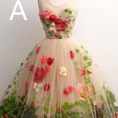 A-line Scoop Neck Homecoming Dresses,Tulle Homecoming Dresses,Flowers Homecoming Dresses,Champagne Knee 