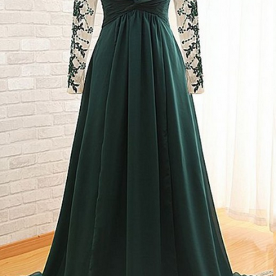 Dark Green Sexy Illusion Long Sleeves Mother of the Bride Groom Dresses Cheap Long Chiffon Evening Dress 