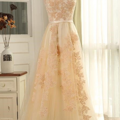 Modern Cap Sleeves Sweep Train Apricot Prom Dress with Appliques