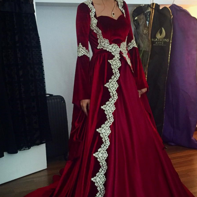 burgundy prom dresses,velvet prom dresses,Muslim prom dress,Long Sleeves Evening