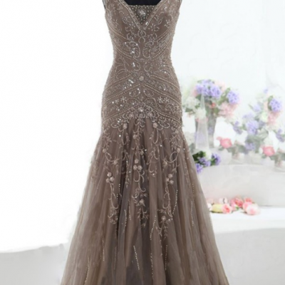 A-Line V-Neck Sweep Train Tulle Sleeveless Beaded Lace-up Brown Prom Dress Evening Gowns