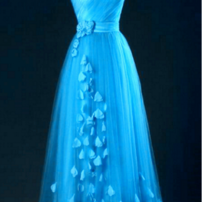 Blue One Shoulder Tulle Party Dress with Floral Detail, Elegant Evening Dress, Wedding Party Dresses