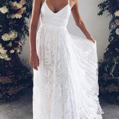 White v neck lace long prom dress, white evening dress wedding dress charming bridal dresses