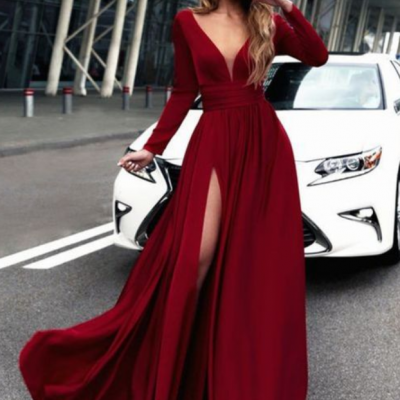 Gorgeous Burgundy Long Prom Dresses, Long Sleeves Prom Dress