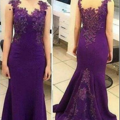 Purple Floor Length Mermaid Prom Dress with Lace Applique and Train