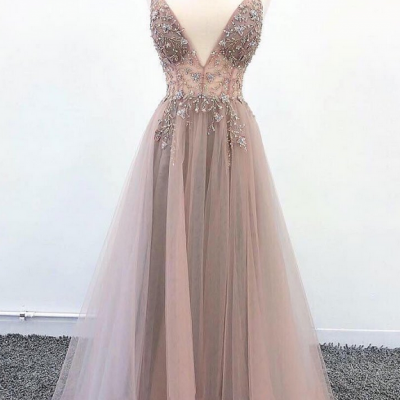 Deep Champagne Tulle V Neck Long Spaghetti Straps Sequins Evening Dress, Prom Dress