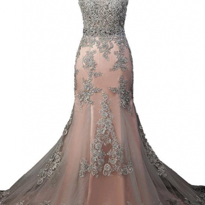  Chic Tulle Scoop Neckline See-through Natural Waistline Mermaid Evening Dress With Beaded Lace Appliques 