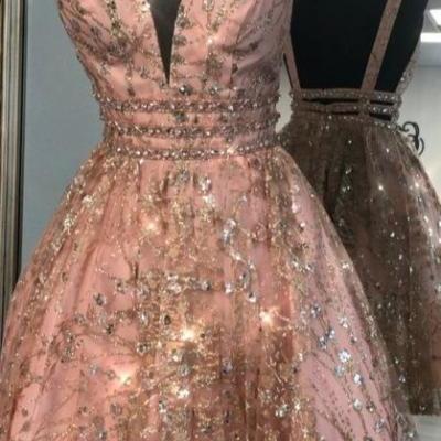 Stylish Dress Sparkly V-neck Backless Sequin Beaded Short Prom Homecoming Dresses 