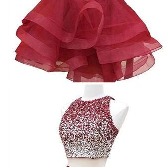 Stylish Dress Crystal Beading Tulle Short Homecoming Dress, Red Two Piece Prom Dresses