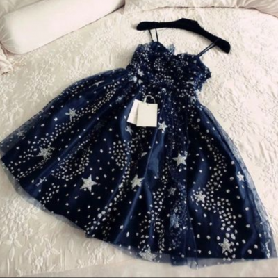 Glitter Stars Sequins Beaded Short Navy Blue Homecoming Dresses
