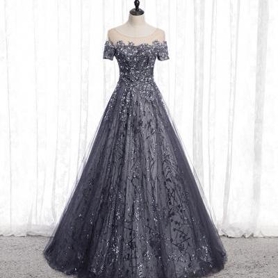 Gray tulle sequins long prom dress A line evening gown