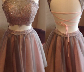 Halter Beaded Green Satin Two Piece Homecoming Dress Short Prom Dress PD358