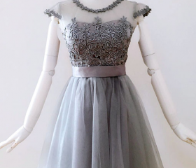 Blue Cap Sleeves Scoop Lace A Line Detachable Train Prom Formal Dress