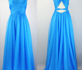 Blue Halter Neck Sheath Ruffles Chiffon Vintage Long Party Dress, DP4390 main image 1