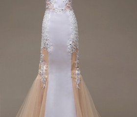 Trumpet/Mermaid Sweep Train Lace Tulle Prom Dresses Lilac