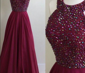 Round Neck Rhinestone Beaded Light Purple Long A-line Chiffon Prom Dresses, PD0553