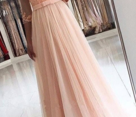 Off-the-shoulder Lace Appliqued A-line Dress Pearl Pink