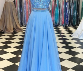 Silver Beaded Two Pieces Long A-line Tulle Prom Dresses, Long Prom Dresses For Prom, PD0219 main image 1