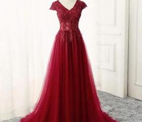Long A Line V Neck Long Sleeves Lace Formal Prom Dresses with Side Slit main image 1