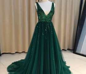 A Line V Neck Appliques Tulle Open Back Prom Dress LBQ3648 main image 1