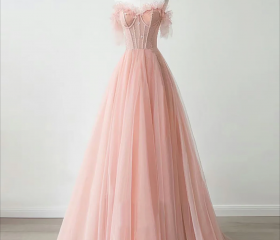 Long A-line Sweetheart Tulle Prom Dress Pink Formal Evening Gowns main image 1