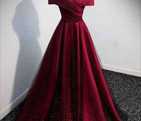 Simple burgundy satin long prom dress burgundy formal dress