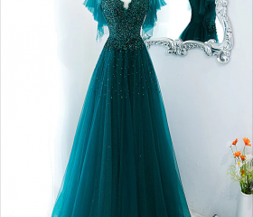 Long Sleeves V Neck Beadings Green Prom Dress LBQ1144 main image 1