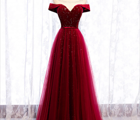 Burgundy O Neck Sequin Beads Tulle Formal Prom Dress, Burgundy Evening Dress main image 1