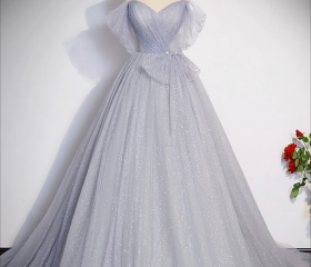 Gray A Line Off the Shoulder Appliques Tulle Long Formal Prom Dress Evening Party Dress main image 0
