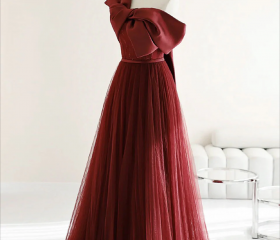 Burgundy Tulle Beaded Long Formal Prom Dress, A-Line Short Sleeve Evening Dress