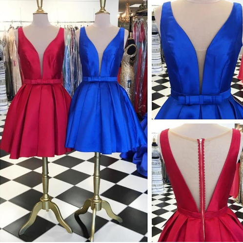 Simple Homecoming Dress V Neck Satin Short Party Cocktail Dress main image 1