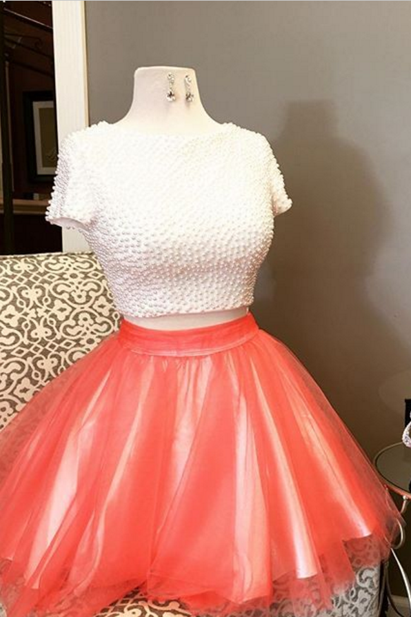 Short Two Piece Homecoming Dress, White And Orange Homecoming Dress, White Pearls Homecoming Dress