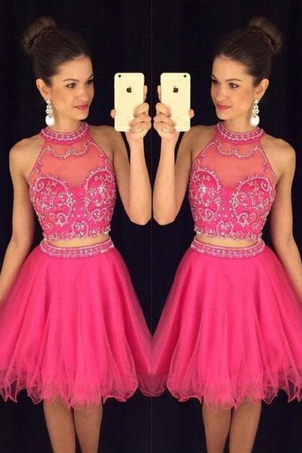 Pink Halter Homecoming Dresses,two Pieces Beaded Short Prom Dresses