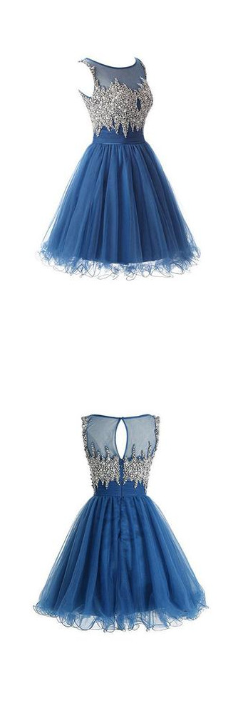 Scoop Tulle Homecoming Dresses, Short Prom Dresses With Beading