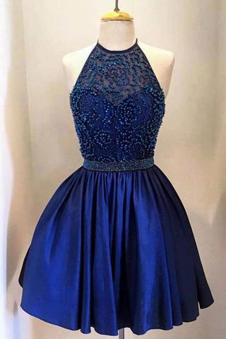 Royal Blue Taffeta With Beading, High Neck Bodice Halter Homecoming Dresses