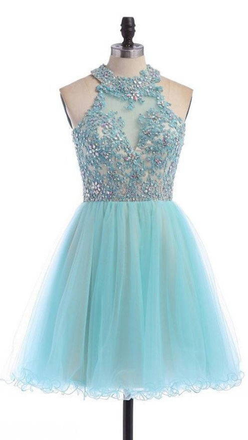 Charming Halter Lace Beading Handmade Short Tulle Homecoming Dresses