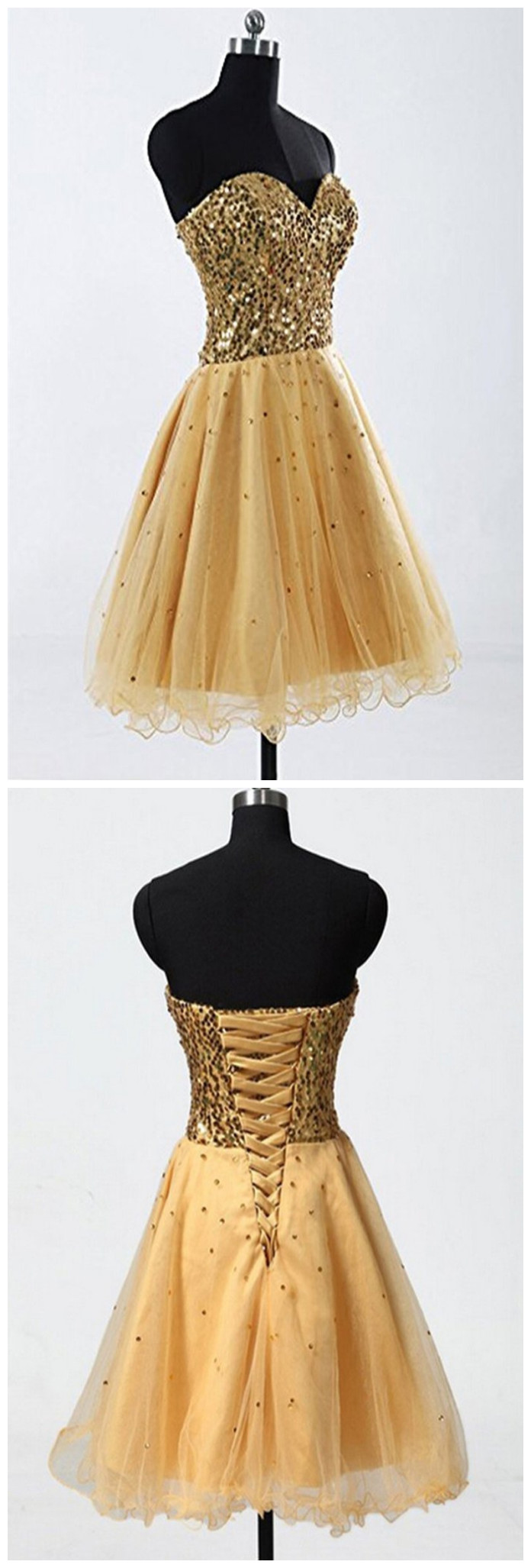 Gold Sweetheart Beaded Backless Back Up Lace Homecoming Dresses